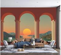 3D Effect Photo Wallpaper Sunset Over The Sea At The Ancient Gr rch Panoramic Wall Tapestry Mediterranean Style Silk Wall Murals for Office Bedroom Rental House Decoration, 350x256cm Orange-Red