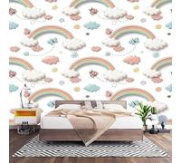 3D Effect Photo Wallpaper White Wall Covering Mural 300x210 cm | Large Non-Woven Removable Cartoon Cloud Rainbow Decor Poster Mural for Living Room & Kids Bedroom Sofa Backdrop