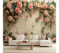 3D Effect Photo Wallpaper Wood Grain Mural Panoramic Wall Pink Yellow Flowers Large Photo Wallpaper Mural Butterfly Non-Woven 300x256cm Bedroom Eco-Friendly Murals Decoration for Bedroom Living Room