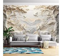 3D Effect Self Adhesive Wallpaper Mountain Forest Deer Embossed Wallpaper Removable Stick On Contact Paper for Living Room-Bedroom-Non-Woven-Custom- Relief Wall Decoration 100Cm(H) X140Cm(W)