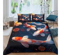 3D Effect Soft Microfibre Koi fish swimming Duvet Cover Breathable Bedding Sets with Pillowcases Artistic pond scene Comforter Cover All Season Easy Care Machine Washable for Couples King（220x240cm）