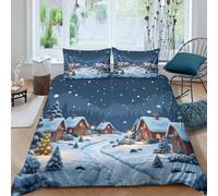 3D Effect Soft Microfibre Winter Village Duvet Cover Breathable Bedding Sets with Pillowcases Cozy Christmas Comforter Cover All Season Easy Care Machine Washable for Couples Double（200x200cm）