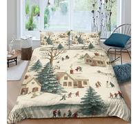 3D Effect Super Soft Microfibre Winter village scene Duvet Cover Sets All Season Bedding Set with Pillowcases Vintage holiday Duvet Cover Easy Care Machine Washable for Men Women Kids King（220x240cm）