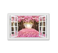 3D Effect View Fake Windows Landscape Pictures.Pink Tree Painting on Canvas Print Window Mural. Nature Canvas Wall Art Picture for Living Room Decor 80x128cm(32x50in) Frameless