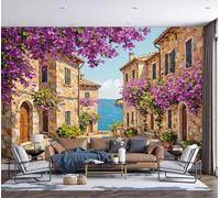 3D Effect Wallpaper 200x140cm, Italian Village Bougainvillea Wall Murals Mediterranean Romantic Style Print Photo Wall Decoration for Living Room Bedroom Home Hallway Lounge TV Background, Beige