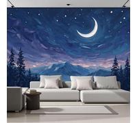 3D Effect Wallpaper 200x140cm, Snow-Capped Mountains Forests Starry Skies Wall Murals Tranquil Natural Scenery Print Photo Wall Decor for Living Room Bedroom Hallway Lounge TV Background, Deep Blue
