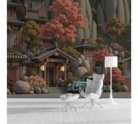 3D Effect Wallpaper 300x210cm, Japanese Garden Cherry Blossom Trees Wall Murals Autumn Village Landscape Print Photo Wall Decoration for Living Room Bedroom Home Hallway Lounge TV Background, Brown