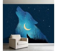3D Effect Wallpaper Starry Night Wolf Head 350 x 256 cm Wall Murals, Digital Art Non-Woven Photo Wall Mural for Teenage Boy’S Room Lounge Decoration Easy to Install