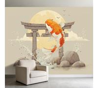 3D Effect Wallpaper Torii Gate Koi Fish 300 x 210 cm Wall Murals, Japanese Art Non-Woven Photo Wall Mural for Bedroom Living Room Decoration Easy to Install