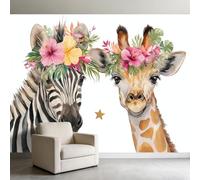 3D Effect Wallpaper Zebra Giraffe 450 x 315 cm Wall Murals, Watercolor Animals Non-Woven Photo Wall Mural for Children’S Game Room Jungle Nursery Decoration Easy to Install
