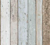 3D Effect Wood Panel Plank Wallpaper Distressed Cream Blue Brown YL