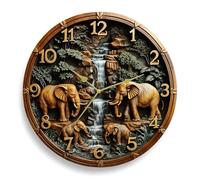 3D Elephant Wall Clock, African Safari Waterfall Scene, Round Wooden Frame, Gold Numbers, Nature Theme Home Decor