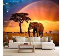 3D Elephant Wall Mural Wallpaper Non-Woven for Living Room, Bedroom, Children's Room Blue Sky Grassland Large Photo Wallpaper for Tv Background Natural Scenery 400x280cm