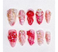 3D embossed nails press on designer handmade 3D flower gold pearl false nails limited edition glossy embossed false nails(S)