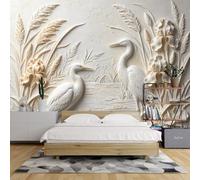 3D Embossed Photo Wallpaper 240X160Inch 3D Raised Twin White Egret Plaster Relief Wall Paper Reed Iris Floral Waterside Textured Mural Wallpaper Modern Home Decor for Living Room Bedroom Two Egrets
