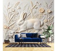 3D Embossed Wallpaper 200X140Inch Stereoscopic Relief Running Bunny Daisy Wheat Grass Wall Mural Country Carving Animal Floral Wall Paper for Living Room Bedroom Rabbit 500X350Cm/200X140Inch(W X H