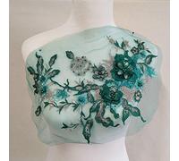 3D Embroidered Patches Nail Bead Tulle Applique Flower Patch for Clothing Wedding Dress Lace Fabric DIY Decoration(Green)