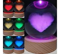 3D Engraving Crystal Ball Love Heart, LED Light, Wooden Base, Voice Message, Unique Gift for Her Mum Girls Lovers Birthday Anniversary Valentine Graduation Friend Souvenir Home Decorative Ornament