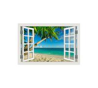 3D Fake Window Natural View Beach View Natural Sea Wall Sticker, Ocean Scenery Adhesive Wall Mural Decal for Home Decor of Bathroom Living Room Bedroom - Tropical Beach Tree