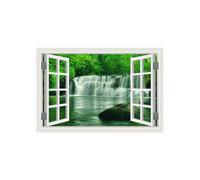 3D Fake Window Natural View Waterfall Wall Sticker, Green Waterfall Scenery Adhesive Wall Mural Decal for Home Decor of Bathroom Living Room Bedroom - Waterfall