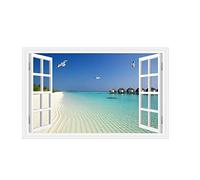 3D Fake Window Ocean Beach View Scenery Wall Sticker Decal