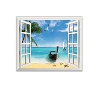3D Fake Window View Painting Ready to Hang,Canvas Wall Art Landscape Framed Picture,Sea Beach Boat,Nature Print on Canvas,Wall Art for Living Room Bathroom 50x60cm(20x24in) Framed