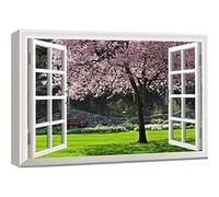 3D Fake Window Wall Decor Cherry Blossom Spring Landscape Canvas Wall Art Pink Flower Tree Garden Pictures for Farmhouse Decor 50x75cm innerframe
