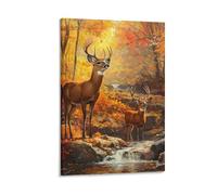 3d Fall Forest with Deer Canvas for Home Decor Modern Framed Picture Artworks Decorative Wall Decor Paintings Canvas Wall Art Ready to Hang 08x12inch(20x30cm)