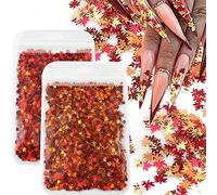3D Fall Maple Leaf Glitters Nail Art Sequin Flakes, Holographic Metallic Red Yellow Autumn Confetti Glitter Sticker Decals for Women Nail Art Design DIY Manicures Accessories 2 Bags