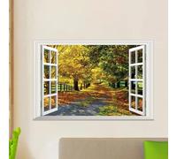 3D False Window Autumn yellow forest Canvas Print Wall Art Window View Print On Canvas Modern Landscape Pictures for Living Room 80x120cm Framed
