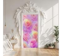 3D Fantasy Rose Flowers Garden Colorful Door Stickers, Pink Watercolor Floral Girls Door Mural Decals Waterproof PVC Self-Adhesive Sticker Peel and Stick for Bedroom Living Room 88x200 cm