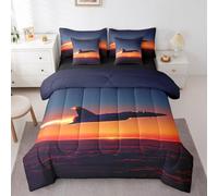 3D Fighter Plane Comforter Set Full,Aviation Airplane Aircraft Modern Bedding Set,Romantic Sunset Sky Natural View Bed Set 7 Pieces(Comforter+Fitted+Flat Sheet+Pillowcase+Pillow Cover)