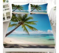 3D Fitted Sheets Tropical Coastal Scenery Microfibre Bedding Sheets, Deep Pocket 30cm 3 Piece Atmosphere Bedding Sets for Double Size Bed - Shrinkage Fade Resistant 150x200 cm