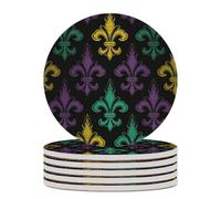 3D Fleur De Lis Mardi Gras Drink Coasters with Holder for Coffee Table,Ceramic Coaster with Cork Base,Ceramic Stone Coaster for Iced Cold Or Hot Drinks,4.1 Inches