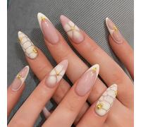 3D Floral Almond Press On Nails with Gold Accents & Marble Texture - Full Cover Reusable Fake Nails Medium Size Kit Flower Handmade Short Autumn French Tip Extensions Forms (Elegant Petal Veins)