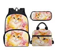 3D Floral Animal Backpack Set Kids Lunchbags Pencil Case for School Daypacks Combo, Yellow Cat Flower, Rucksack Backpacks