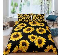 3D floral Comforter Cover for Kids Women Yellow Flowers Bedding Sunflower Pattern Decor Duvet Cover Botanical Floral Print on Black Quilt Cover Garden Bloom Bedding with pillowcase Double