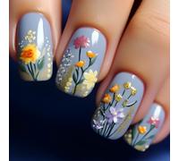 3D Floral False Nails With Design, Blue Press on Nails Short Square Shape Cute Flower Full Cover Spring Fake Nails Press on, Natural Reusable Glue on Nails for Women in 24 Pcs