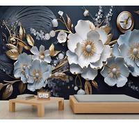 3D Floral Mural Wallpaper White and Blue Floral Murals Gold Leaf Plant European Relief Flower Wallpaper for Bedroom Living Room Modern Luxury Decor 150 x 100 cm