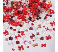 3D Flower Bow Bear Moon Heart Nail Art Charms, 400PCS Multi Shapes Resin Charms for Nail Art Decorations DIY Crafts Jewelry Accessories (Red)