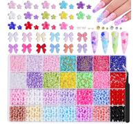 3D Flower Bow Nail Charms Cute Resin Floral Nail Gems Set | White Flatback Pearls & Caviar Beads for Nails Design, Spring Nail Flowers Charms for Nails, Women Manicure DIY Nail Supplies