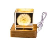 3D Flower Crystal Ball Night Light, 6 cm Glass Ball Night Lamp with Woodern Base, Crystal Sphere Lamp with Daisy Perpetual Flower for Home Table Decorations Birthday Christmas Gifts (Square Dandelion)