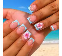 3D Flower Design False Nails - with Modern Blue French Tip Design Pink Nude Base Square Nail for All Seasons Vacation Wedding and Daily Elegant Look Creative Stylish Manicure