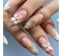3D Flower French Press-On Nails with Seashell and Starfish Design - Long Almond Shape False Nails in Nude Pink and White for Women Daily Wear, 24-Piece Glossy Set with Gold Accents & Polka Dot Floral