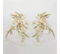 3D Flower Lace Applique with Pearls, Embroidery Beaded Lace Motif Patch Sewing Appliques for Wedding Dress,Gown, veils, Fringe 1 Pair (Champagne)