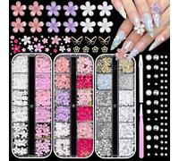3D Flower Nail Charms and Gems, Multicolor Flower for Nail Mix Size Tiny Flowers Nails Charms with Gold Beads Flatback Pearls Rhinestones for Nails Art DIY