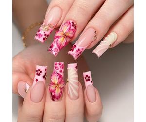 3D Flower Press On Nails Long Fake French Tip with Butterfly Design Floral Leopard Stripe - 24PCS Acrylic Art Kit DIY Handmade Autumn Halloween Nails Set for Women Short Almond Square Medium Petite