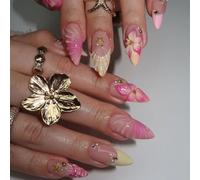 3D Flower Press on Nails Medium Almond,Fashionable and Sweet 3D Drip Glue False Nails,24PCS Pink Spring and Summer Fake Nails,Unique Reusable Artificial Acrylic Nails for Women