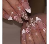 3D Flower Press on Nails Medium Almond,Unique False Nails with 3D Irregular Lines Design,24PCS Pink Spring and Summer Fake Nails,Lovely Reusable Artificial Acrylic Nails for Women