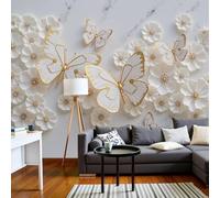 3D Flower Sculpture Photo Wallpaper - XL Photo Wallpaper, Elegant Butterfly Landscape 3D Effect Wallpaper, White Wallpaper for Living Room Bedroom Non-woven Wallpaper Wall Mural, 200cm x 140cm